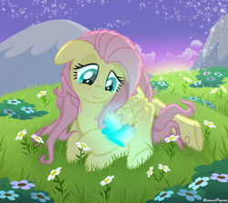 Size: 5000x4453 | Tagged: safe, artist:burnedpigeon, fluttershy, butterfly, pegasus, pony, absurd resolution, bed mane, grass, solo