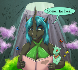 Size: 2100x1900 | Tagged: safe, artist:beowulf100, queen chrysalis, anthro, changedling, changeling, changeling queen, addams family values, angry, baby, baby pony, babysitting, bedtime story, book, clean, dialogue, female, former queen chrysalis, hoers, mommy chrissy, morticia addams, mother, motherly, movie reference, reading, reference, speech bubble, sweet, text