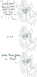 Size: 800x1670 | Tagged: safe, artist:heir-of-rick, queen chrysalis, changeling, changeling queen, ..., comic, cute, cutealis, dialogue, female, monochrome, open mouth, raised hoof, scrunchy face, simple background, sketch, solo, talking to viewer, white background