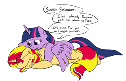 Size: 1007x652 | Tagged: safe, artist:catlover1672, sunset shimmer, twilight sparkle, twilight sparkle (alicorn), alicorn, pony, crying, female, mare, sunsad shimmer