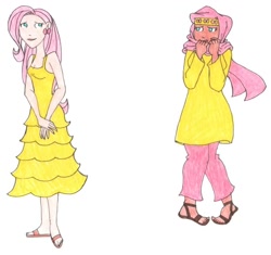 Size: 924x867 | Tagged: safe, artist:brensey, fluttershy, clothes, dress, hijab, humanized, islam, islamashy, traditional art