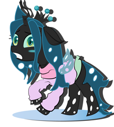 Size: 1100x1217 | Tagged: safe, artist:jodi sli, queen chrysalis, changeling, changeling queen, clothes, cute, cutealis, embarrassed, ice, looking at you, simple background, solo, younger