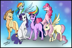 Size: 1024x687 | Tagged: safe, artist:shikidark, derpibooru import, applejack, fluttershy, pinkie pie, rainbow dash, rarity, twilight sparkle, wolf, flutterwolf, mane six, pinkie wolf, species swap, twiwolf, wolf dash, wolfified, wolfity, wolfjack, wolves