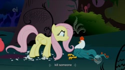 Size: 1008x567 | Tagged: safe, screencap, apple bloom, fluttershy, cockatrice, pegasus, pony, stare master, ei, everfree forest, hub logo, youtube caption