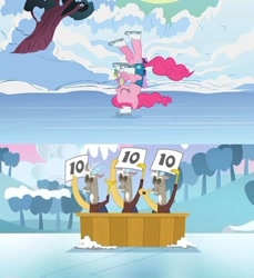 Size: 500x545 | Tagged: safe, discord, pinkie pie, earth pony, pony, ice, ice skating, judges, skating