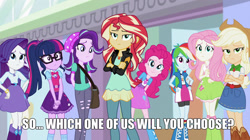 Size: 1912x1072 | Tagged: safe, derpibooru import, edit, edited screencap, screencap, applejack, fluttershy, pinkie pie, rainbow dash, rarity, sci-twi, starlight glimmer, sunset shimmer, twilight sparkle, equestria girls, mirror magic, spoiler:eqg specials, bronybait, geode of empathy, geode of fauna, geode of shielding, geode of sugar bombs, geode of super speed, geode of super strength, geode of telekinesis, humane eight, humane five, humane seven, humane six, magical geodes, meme