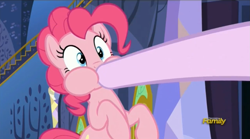 Size: 1279x711 | Tagged: safe, screencap, pinkie pie, starlight glimmer, pony, every little thing she does, discovery family logo, hoof in mouth, puffy cheeks