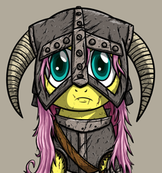 Size: 1072x1146 | Tagged: safe, artist:silentbutbeardly, fluttershy, pegasus, pony, crossover, dovahkiin, dovahshy, sad, skyrim, the elder scrolls