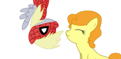 Size: 1031x509 | Tagged: safe, artist:pokemonbwishescilan, carrot top, derpy hooves, golden harvest, pegasus, pony, costume, derpytop, female, lesbian, mare, shipping, spider-man