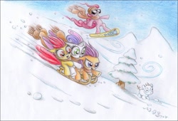 Size: 1808x1226 | Tagged: safe, artist:deathcutlet, apple bloom, pinkie pie, scootaloo, sweetie belle, earth pony, pony, clothes, cutie mark crusaders, riding, scarf, sled, sledding, snow, snowfall, sunglasses, traditional art