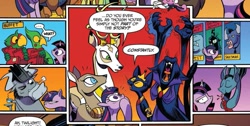 Size: 1039x524 | Tagged: safe, artist:andypriceart, idw, abyssinian king, abyssinian queen, iron will, king aspen, king longhorn, queen chrysalis, twilight sparkle, twilight sparkle (alicorn), abyssinian, alicorn, bat pony, breezie, bull, changeling, changeling queen, deer, parrot, pony, troll, my little pony: the movie, spoiler:comic, spoiler:comic61, cave troll jim, comic, cowboy hat, crackers, cropped, doe, female, food, hat, mare, meta, official comic, parrot pirates, pirate, speech bubble, stag