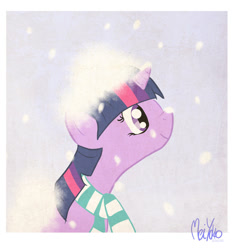 Size: 865x923 | Tagged: safe, artist:meiyoko, derpibooru import, twilight sparkle, clothes, scarf, snow, snowfall, solo