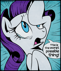 Size: 692x800 | Tagged: dead source, safe, artist:anjila, rarity, pony, unicorn, crying, dialogue, i can't believe it's not idw, marshmelodrama, modern art, pop art, roy lichtenstein, solo, speech bubble, style emulation, teary eyes, text, the worst possible thing