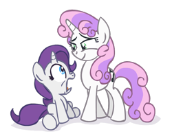 Size: 858x669 | Tagged: safe, artist:scrimpeh, rarity, sweetie belle, pony, unicorn, filly, older, role reversal, younger