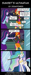 Size: 850x2020 | Tagged: safe, artist:drawponies, princess celestia, sunset shimmer, twilight sparkle, alicorn, pony, equestria girls, equestria girls (movie), celestiabuse, comic, female, mare, mirror, parody, portal, scene parody, sledgehammer, statue