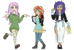 Size: 1138x779 | Tagged: safe, artist:tami-kitten, fluttershy, rarity, sunset shimmer, human, clothes, humanized, sweater, sweatershy