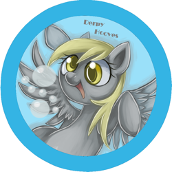 Size: 708x708 | Tagged: safe, artist:bunina, derpy hooves, pegasus, pony, badge, female, mare, pixiv, solo