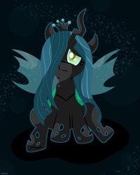 Size: 2000x2500 | Tagged: safe, artist:starstruckmana, queen chrysalis, changeling, changeling queen, abstract background, colored pupils, female, hair over one eye, sad, signature, sitting, solo, story in the comments