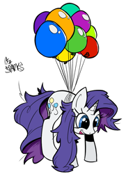 Size: 641x883 | Tagged: safe, artist:sparks, rarity, pony, unicorn, balloon, behaving like pinkie pie, cutie mark swap, female, floating, mare, personality swap, pinkity, signature, then watch her balloons lift her up to the sky