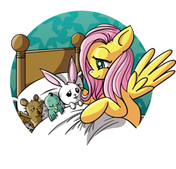 Size: 600x574 | Tagged: safe, artist:xkappax, fluttershy, bat, bird, pegasus, pony, rabbit, bed, bedtime