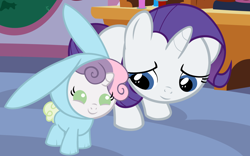 Size: 4352x2720 | Tagged: safe, artist:beavernator, rarity, sweetie belle, pony, unicorn, baby, baby belle, baby pony, bunny belle, bunny costume, bunny pajamas, clothes, cute, diasweetes, filly, foal