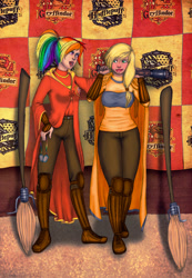 Size: 800x1156 | Tagged: safe, artist:thenamelessdoll, applejack, rainbow dash, contest, gryffindor, harry potter, hogwarts, hufflepuff, humanized, match, quidditch