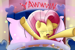 Size: 1280x853 | Tagged: safe, artist:extradan, fluttershy, pegasus, pony, female, mare, morning, yawn