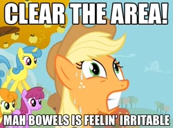 Size: 540x400 | Tagged: safe, edit, edited screencap, screencap, applejack, berry punch, berryshine, carrot top, golden harvest, lemon hearts, earth pony, pony, unicorn, fall weather friends, caption, female, image macro, implied diarrhea, mare, out of context, sweat