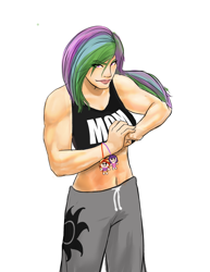 Size: 1275x1650 | Tagged: safe, artist:smilingdogz, princess celestia, sunset shimmer, twilight sparkle, human, amazon, belly button, chibi, clothes, doll, female, humanized, midriff, momlestia, muscles, princess musclestia, simple background, solo, sports bra, sweatpants, tanktop, white background, woman