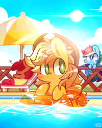 Size: 880x1100 | Tagged: safe, artist:php56, derpibooru import, apple bloom, applejack, rainbow dash, earth pony, pegasus, pony, blushing, chibi, cloud, eyes closed, floaty, hat, inner tube, sky, sleeping, smiling, sun, swimming, swimming pool