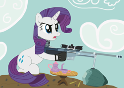 Size: 3496x2488 | Tagged: safe, artist:neodabig, rarity, pony, unicorn, battlefield 3, cup, cutie mark, female, gun, hooves, horn, mare, open mouth, optical sight, rifle, rock, sitting, sniper rifle, solo, tea, teacup, weapon