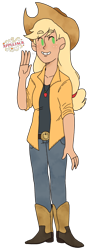 Size: 820x2331 | Tagged: safe, artist:nyan-cow, applejack, human, applejack's hat, blonde hair, clothes, female, humanized, solo