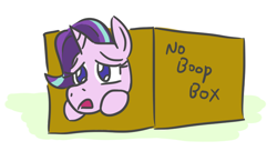 Size: 734x398 | Tagged: safe, artist:jargon scott, starlight glimmer, pony, unicorn, adorable distress, box, cute, d:, female, frown, glimmerbetes, leaning, lidded eyes, mare, no boop box, no pupils, open mouth, pony in a box, punishment, pure unfiltered evil, sad, sadorable, simple background, solo, white background