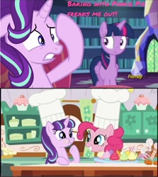 Size: 1222x1371 | Tagged: safe, edit, edited screencap, screencap, pinkie pie, starlight glimmer, twilight sparkle, twilight sparkle (alicorn), alicorn, pony, every little thing she does, the cutie re-mark, baking