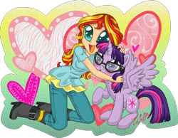 Size: 914x711 | Tagged: safe, artist:bananasplitzel, sci-twi, sunset shimmer, twilight sparkle, alicorn, equestria girls, blushing, cute, female, glasses, hug, human on pony snuggling, lesbian, scitwilicorn, scitwishimmer, shimmerbetes, shipping, snuggling, sunsetsparkle