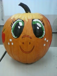 Size: 375x500 | Tagged: safe, artist:alexsalinasiii, applejack, earth pony, pony, halloween, holiday, jack-o-lantern, paint, photo, pumpkin