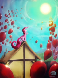 Size: 2370x3132 | Tagged: safe, artist:thepleonasticpotato, pinkie pie, earth pony, pony, balloon, happy, sky, vertigo