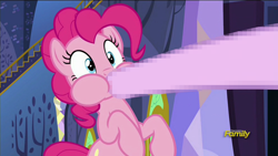 Size: 1920x1080 | Tagged: safe, edit, edited screencap, screencap, pinkie pie, starlight glimmer, earth pony, pony, every little thing she does, censored, discovery family logo, hoof in mouth, mosaic censor, unnecessary censorship