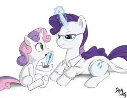 Size: 1279x981 | Tagged: safe, artist:brainsucks, rarity, sweetie belle, sweetie bot, pony, robot, robot pony, unicorn, alternate hairstyle, blank flank, clothes, cutie mark, female, filly, foal, glasses, glowing horn, hooves, horn, lab coat, levitation, lying down, magic, mare, open mouth, prone, repairing, roboticist, simple background, sisters, telekinesis, white background