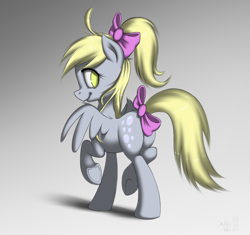 Size: 2360x2216 | Tagged: safe, artist:sy-vs, derpy hooves, pegasus, pony, alternate hairstyle, bow, cute, female, hooves, looking back, mare, plot, ponytail, rear view, simple background, solo, tail bow, underhoof