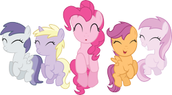 Size: 6721x3700 | Tagged: safe, artist:quanno3, dinky hooves, pinkie pie, piña colada, scootaloo, tornado bolt, earth pony, pegasus, pony, unicorn, a friend in deed, applecore, background pony, eyes closed, female, filly, foal, jumping, mare, simple background, transparent background, vector