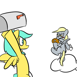 Size: 850x850 | Tagged: safe, artist:autonomous-zed, derpy hooves, sunshower raindrops, pegasus, pony, baseball, female, letter, mailbox, mare