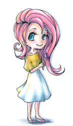 Size: 708x1212 | Tagged: safe, artist:retrofluff, fluttershy, clothes, dress, flower, humanized, traditional art