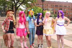 Size: 5184x3456 | Tagged: safe, derpibooru import, applejack, fluttershy, pinkie pie, rainbow dash, rarity, twilight sparkle, human, cosplay, irl, irl human, mane six, photo