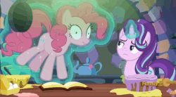 Size: 672x372 | Tagged: safe, screencap, pinkie pie, starlight glimmer, pony, every little thing she does, animated, gif, hypnosis, hypnotized, loop