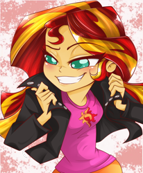 Size: 802x973 | Tagged: dead source, safe, artist:bansheekisara, artist:lunchie, sunset shimmer, equestria girls, rainbow rocks, clothes, colored, credits, grin, jacket, leather jacket, shine like rainbows, skirt, solo, swag