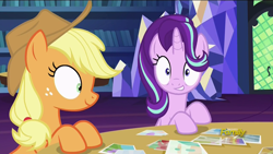 Size: 1280x720 | Tagged: safe, screencap, applejack, starlight glimmer, earth pony, pony, every little thing she does, discovery family logo, hypnosis, hypnotized