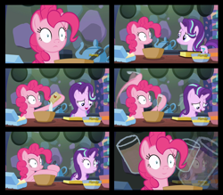 Size: 2250x1967 | Tagged: safe, edit, edited screencap, screencap, pinkie pie, starlight glimmer, earth pony, pony, every little thing she does, baking, chocolate, chocolate milk, exploitable meme, hypnosis, hypnotized, meme, milk, pure unfiltered evil, screencap comic, spilled milk