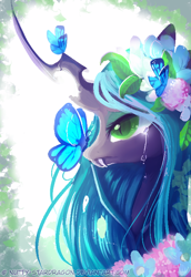 Size: 514x749 | Tagged: safe, artist:nutty-stardragon, queen chrysalis, butterfly, changeling, changeling queen, beautiful, crying, cute, cutealis, female, flower, flower in hair, mare, sad, solo