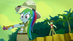 Size: 1395x781 | Tagged: safe, derpibooru import, edit, edited screencap, screencap, rainbow dash, slingshot (character), eqg summertime shorts, equestria girls, leaping off the page, belly button, clothes, hat, midriff, pith helmet, short shirt, skirt, v-line